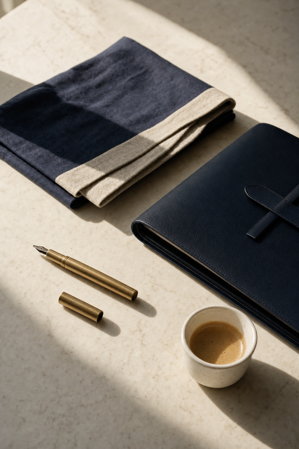 Quiet workspace still life &mdash; blueprint, brass pen, espresso &mdash; suggesting careful, considered work